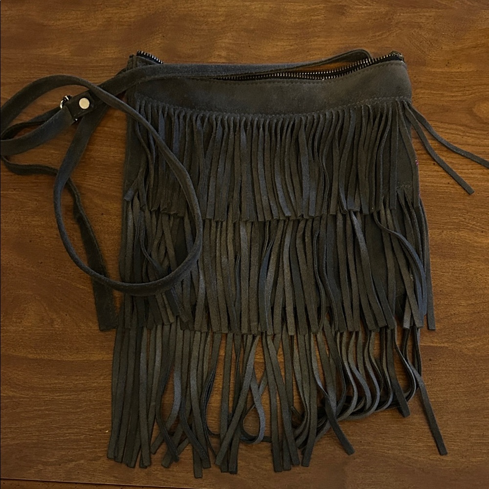 Fringe Suede Crossbody Bag - Black